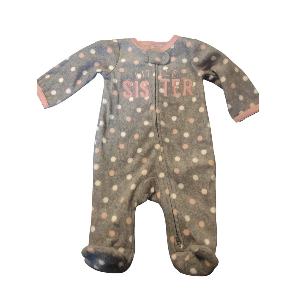 Carters Newborn Little Sister Fleece Footed Pajamas Gray Pink Polka Dot Cozy